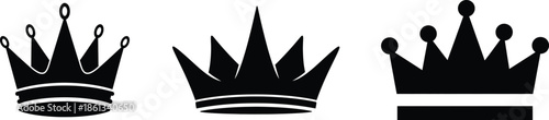Three black crown silhouettes with varying designs and a rectangular block