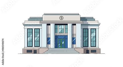 Illustration of a classic architectural bank building featuring a prominent dollar sign symbol on its facade representing financial stability and