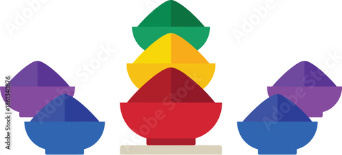 Colorful bowls of dry gulal powder for happy holi festival celebration in india with red yellow green blue and purple pigments for traditional hindu culture event.