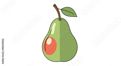 Vibrant illustration of a fresh green pear with a delicate stem and single leaf, featuring a distinct reddish highlight on its smooth surface,