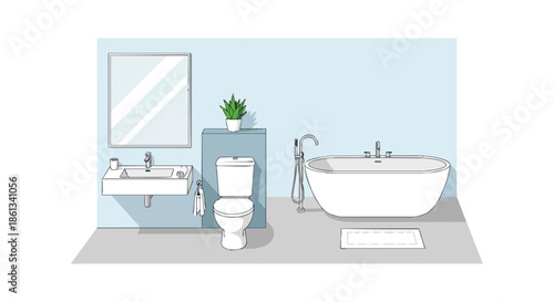 Modern minimalist bathroom featuring a sleek freestanding tub, wall-mounted sink, mirror, and toilet with a plant accent, creating a serene clean