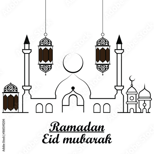 Ramadan Eid Mubarak Greeting Card with Mosque and Lanterns