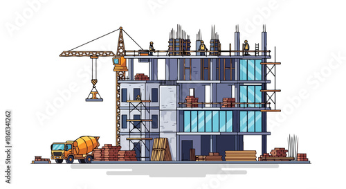 Dynamic scene depicting modern building construction with heavy machinery and diligent workers actively shaping urban infrastructure development