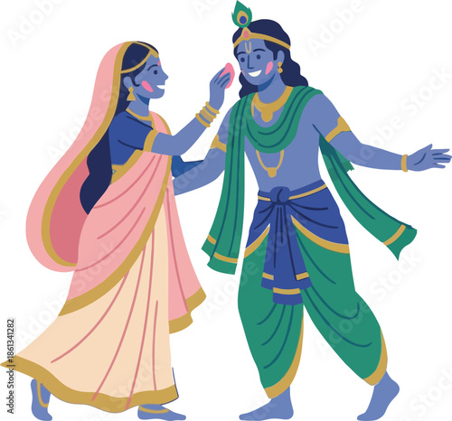 Lord Krishna and Radha playing happy Holi festival celebrating love with colorful gulal powder and traditional indian clothes dancing together for hindu religion.