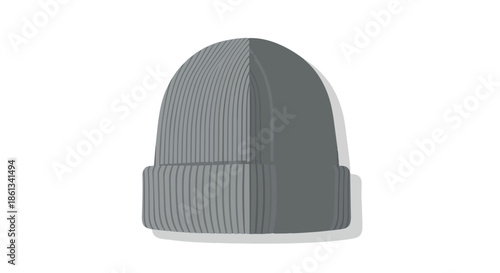 Modern grey knitted beanie hat illustration featuring a ribbed texture and classic folded brim, symbolizing cozy winter fashion and minimalist style