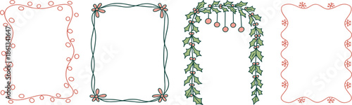 Hand drawn Christmas and floral frame vector set with holly berry arch, snowflake border and vine wreaths