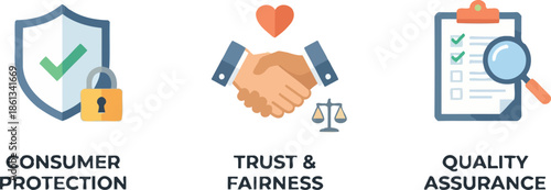 Consumer protection shield icon trust and fairness handshake with scales and quality assurance clipboard checklist for business safety standards and customer rights.