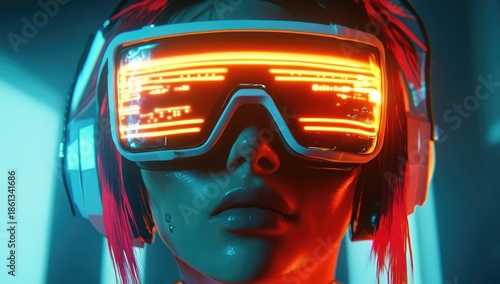 A cinematic still of an animated cartoon, a cyberpunk woman wearing a VR headset with orange neon hair.