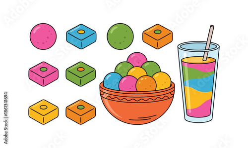 Sweets and drink colorful set bundle holi vector illustration design