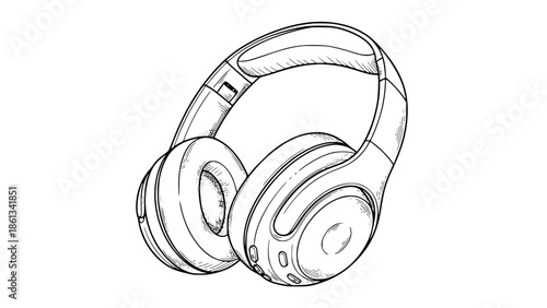 Detailed black and white line art illustration of over ear wireless headphones featuring comfortable earcups and visible control buttons on the housing, perfect for audio design concepts.