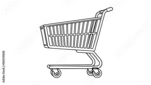 Simple black and white outline illustration of a classic metal wire shopping cart with four wheels ready for groceries or merchandise transport in a clean commercial environment