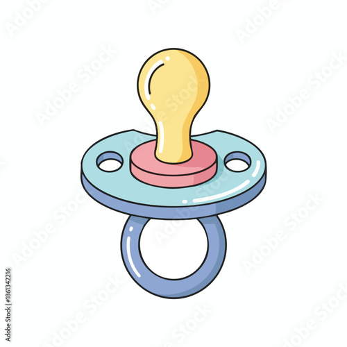 Colorful cartoon image of a baby's pacifier with a loop and a round shield