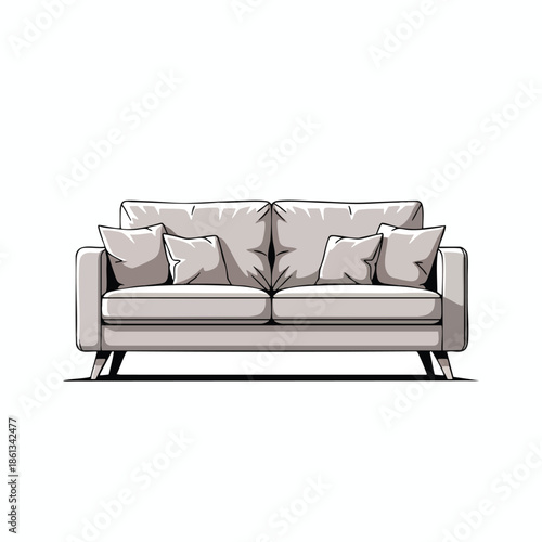 A two-seater sofa with four pillows in a modern style on white background