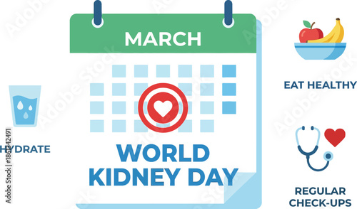 World kidney day awareness month calendar with healthy lifestyle icons for hydration nutrition and medical checkup promoting renal organ care and disease prevention.
