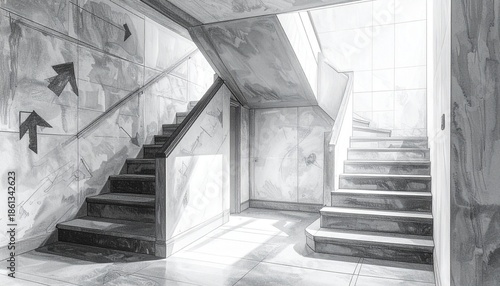 Interior staircase with directional arrows and natural light