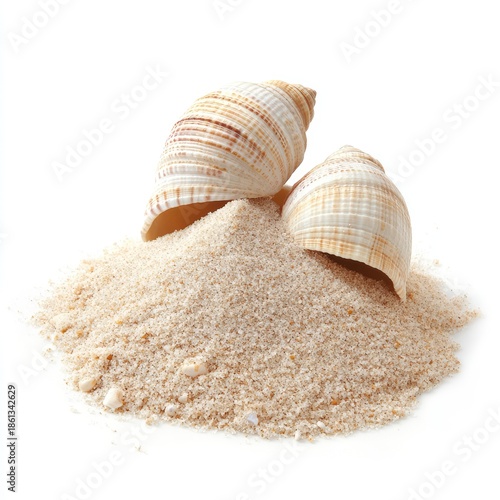 A pile of sand with two seashells on top, isolated on a white background.