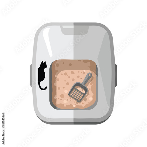 Top-down view of a cat box with scoop, cat silhouette on the side