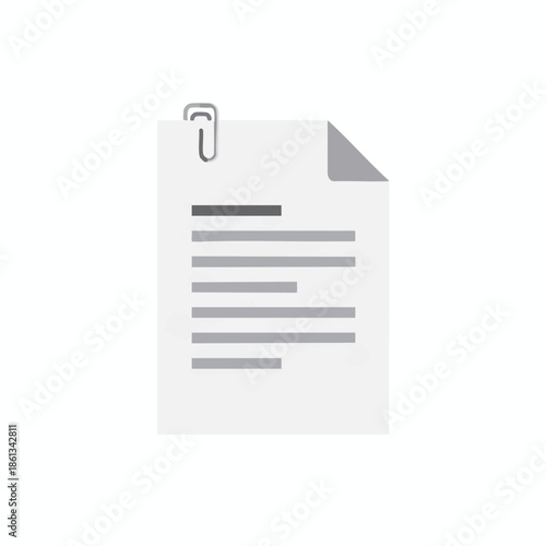 A document with grey text and a bent corner held by a paperclip on a white background