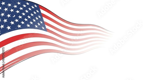 Stylized waving American flag graphic illustration fading into a white background
