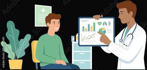Male doctor explaining medical health report data charts on digital tablet to patient during clinical consultation appointment for diagnosis and treatment plans.