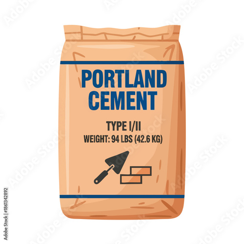 An illustrated bag of cement with text and a trowel/brick icon