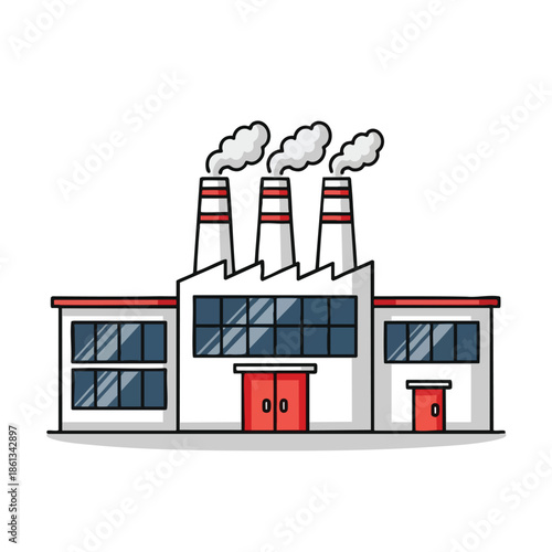 A flat illustration of a factory emitting smoke from three chimneys
