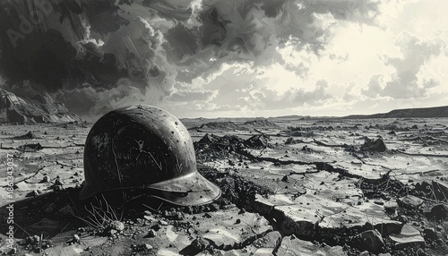 Desolate landscape with a cracked ground and helmet