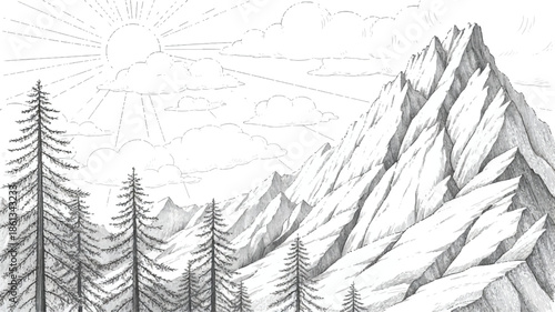 Pencil Sketch of a Majestic Mountain Range Under a Radiant Sun with Evergreen Trees in the Foreground