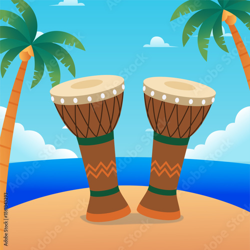 Two traditional African djembe drums on a tropical sandy beach with palm trees and ocean.