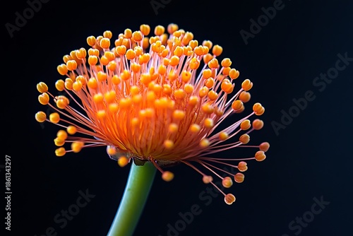Orange pincushion flower with green stem on black background