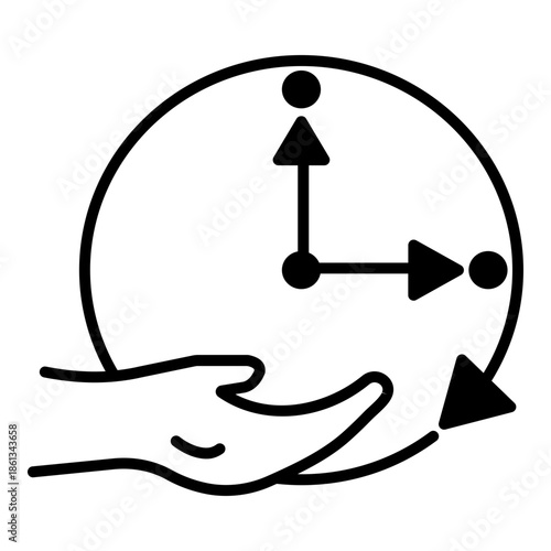 Minimalist  art icon of a hand supporting a clock with a circular arrow, symbolizing professional time organization, workflow control, and recurring schedules.