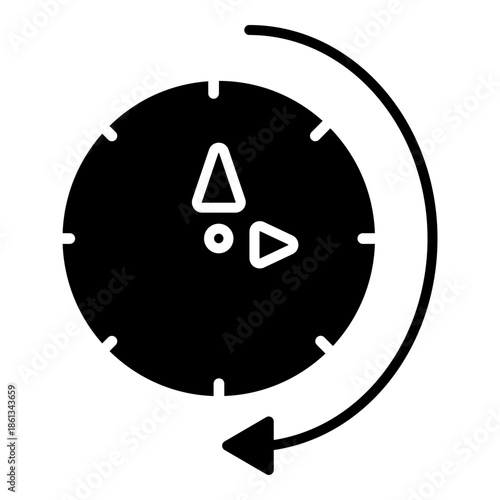 Minimalist solid art icon of a gauge clock with a circular arrow, symbolizing technical time flow, performance tracking, and process synchronization.