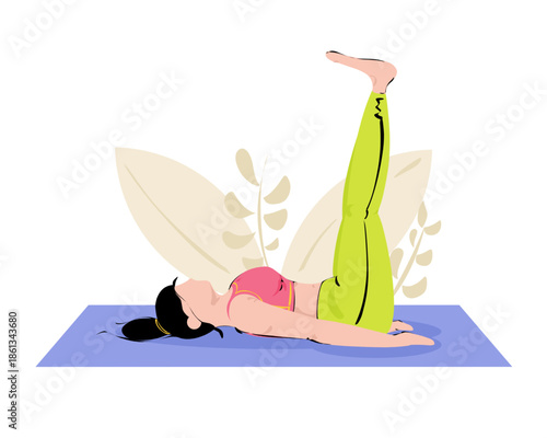 A flat vector illustration of a woman in a pink top and lime green leggings doing a legs-up-the-wall yoga pose on a blue mat with an abstract leaf background.
