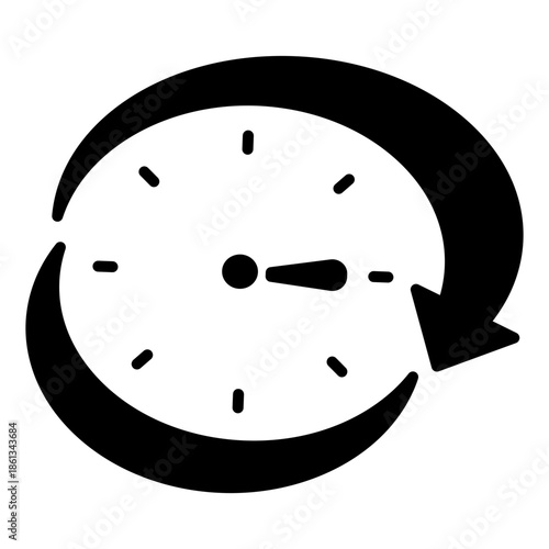 Minimalist solid art icon of a clock with dual circular arrows, symbolizing time flow, recurring schedules, and synchronization of system processes.