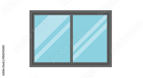 A contemporary graphic illustration of a double-pane window, featuring a sleek dark gray frame and two reflective light blue glass sections, ideal