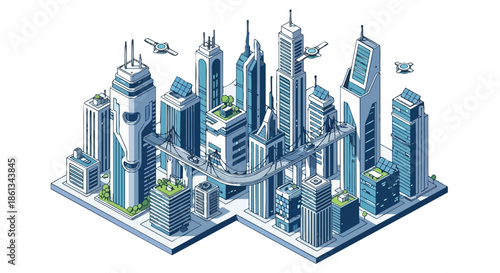 Isometric illustration of a futuristic smart city featuring towering skyscrapers, elevated roads, and advanced aerial drones.