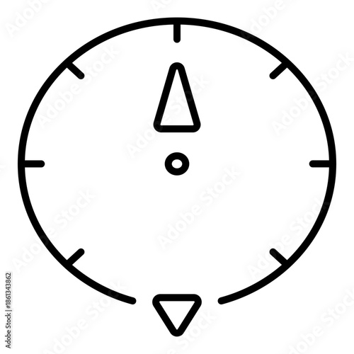 circular dial icon with a prominent vertical arrow pointing upward. It represents calibration, exact measurement, and goal alignment.