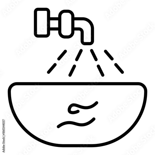 Minimalist line art icon of a dripping faucet and a water bowl, symbolizing domestic water usage, hand washing, and plumbing maintenance.