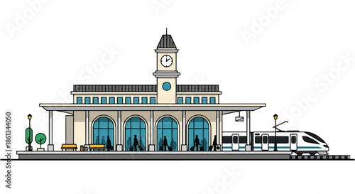 Modern railway terminal with elegant clock tower bustling with traveler silhouettes awaiting high-speed transit arrival vibrant urban transportation