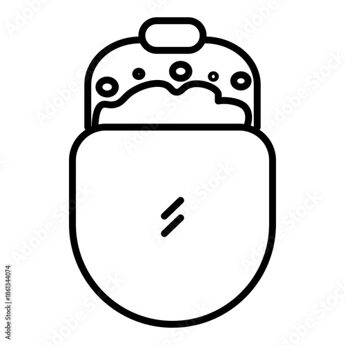 Minimalist line art icon of a bucket with soap suds and bubbles, symbolizing domestic chores, cleaning supplies, and sanitation management.