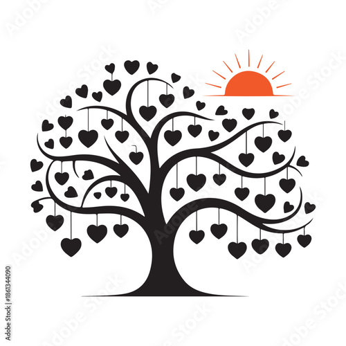 Tree with Heart-Shaped Leaves and Sunburst Silhouette - Family, Love, and Hope Concept