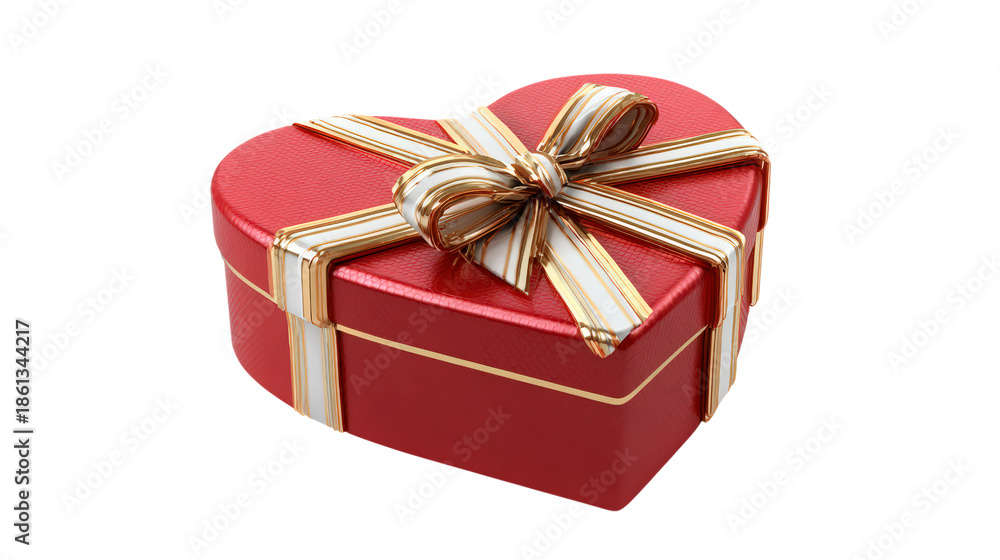 Obraz premium Red Heart Shaped Gift Box with Golden Accents and White Ribbon Bow Concept for Love Valentine's Day Romance Present