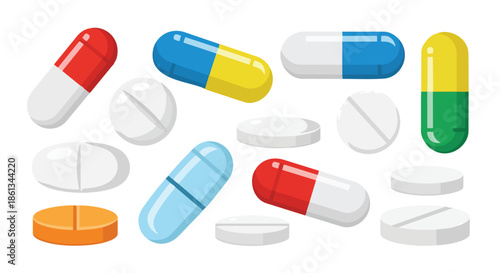Diverse array of colorful pharmaceutical capsules and medicinal tablets scattered on a clean white background illustrating modern healthcare and