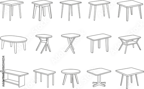 Hand drawn black and white furniture vector icon set featuring various table designs including dining, coffee, and side tables