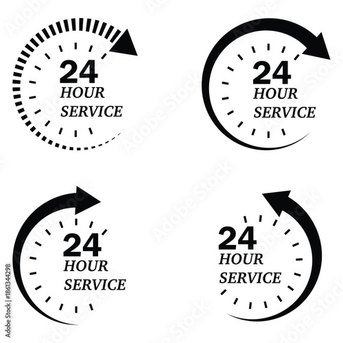24 hour service vector set. 24 hour discount offer, support, delivery and more concept. Twenty-four hour service everyday sign with clock icon. Vector illustration.