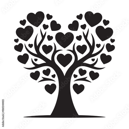 Black and White Love Tree Illustration with Heart-Shaped Leaves - Family and Romance Concept