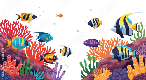 A vibrant illustration showcasing a lively underwater world with diverse tropical fish exploring a coral reef.