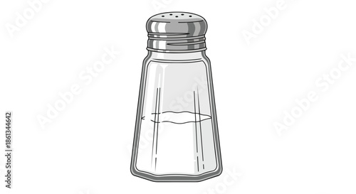 A straightforward graphic illustration of a glass salt shaker, containing white seasoning, equipped with a metallic perforated lid, isolated on a