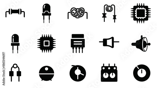 Collection of Black Silhouette Electronic Components and Symbols on Isolated White Background