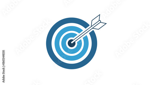 Blue business target with arrow hitting the bullseye, symbolizing goal achievement and strategic objective on an isolated white background.